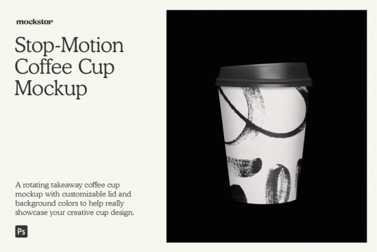 Rotating stop-motion coffee cup mockup for design showcase, customizable lid, ideal for branding, high quality, PSD, digital asset for designers.