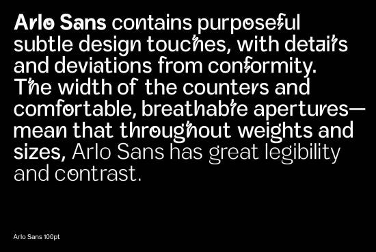 Font preview of Arlo Sans showcasing design, legibility and style for designers, presented in white on a black background. Perfect for branding, designers' font catalogue.