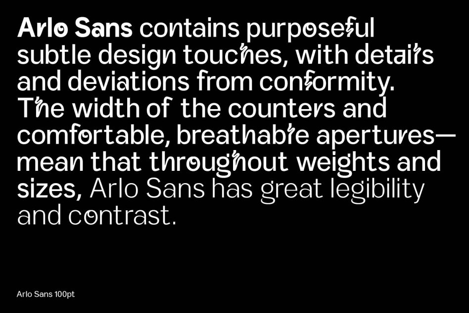 Font preview of Arlo Sans showcasing design, legibility and style for designers, presented in white on a black background. Perfect for branding, designers' font catalogue.