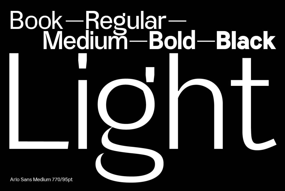 Font weight display ranging from Book to Black in modern Arlo Sans style, suitable for branding, digital arts, and UI design.