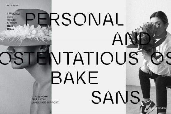 Creative font showcase with stylized text layout, black and white photography, person with floral headpiece, design mockup.