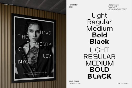 Elegant font presentation with various weights showcased in a stylish poster mockup within a modern interior, perfect for font designers and typographers.