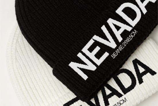 Close-up of black and white knitted beanie hats with bold NEVADA text, ideal for apparel mockup graphics, showcasing fabric texture and label design.