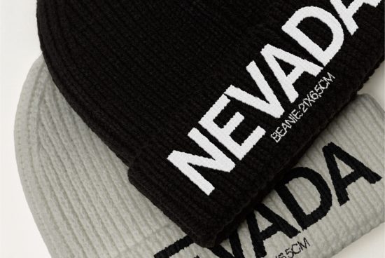 Close-up of two stacked knitted beanies with bold NEVADA text for design mockup, showcasing texture and label detail.