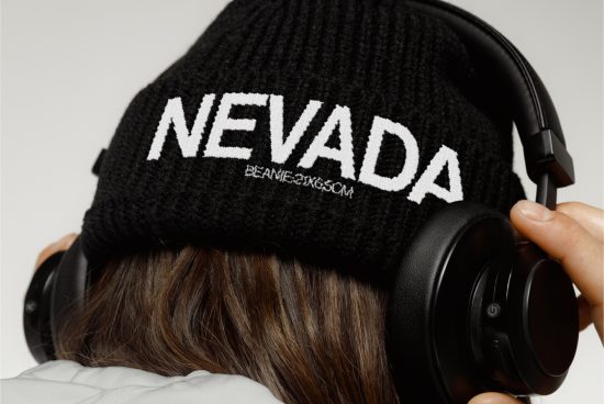 Person wearing beanie with Nevada text and headphones, rear view, fashion mockup, apparel design presentation.