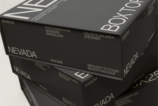 Stacked black packaging boxes with clean white typography, ideal for brand mockup presentations, suitable for graphics category.