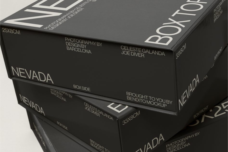 Stacked black packaging boxes with clean white typography, ideal for brand mockup presentations, suitable for graphics category.