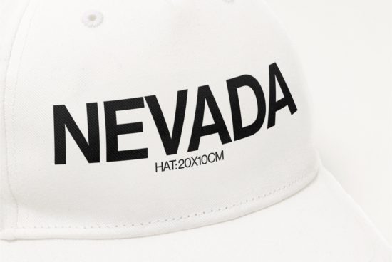 Close-up view of a white baseball cap mockup with the word NEVADA printed in bold font providing dimensions for designers.
