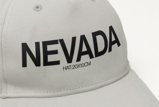 Close-up view of a white cap with black 'NEVADA' text, mockup design for customization, dimensions labeled, ideal for fashion branding.