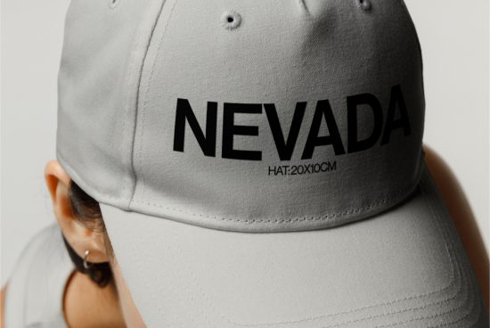 Close-up view of a gray baseball cap with black text design NEVADA, ideal for designers seeking hat mockup templates for branding.