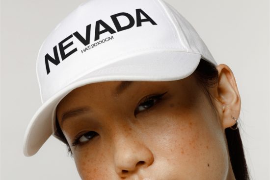 Close-up of a woman wearing a white branded cap, ideal for fashion mockup designs, showcasing clear details suitable for logo display.