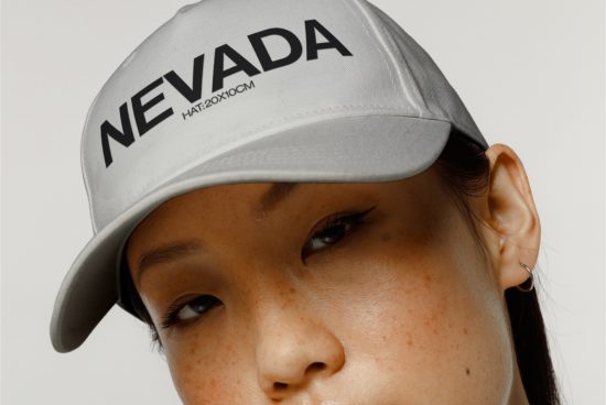 Close-up of a woman wearing a custom-branded Nevada cap, ideal for fashion mockup designs, showcasing logo placement, and cap detailing.