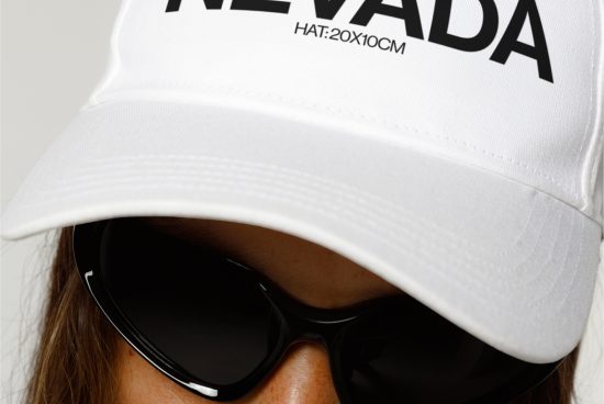 Close-up of a white cap with bold text, paired with stylish sunglasses, ideal for fashion mockup graphics.