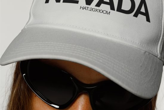 Close-up of a white baseball cap with a black logo paired with trendy sunglasses for a fashion mockup template.