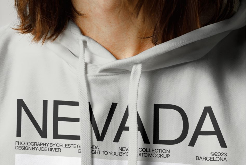 Close-up of a white hoodie mockup with bold typography design, ideal for fashion and apparel presentations, by photographers and designers.