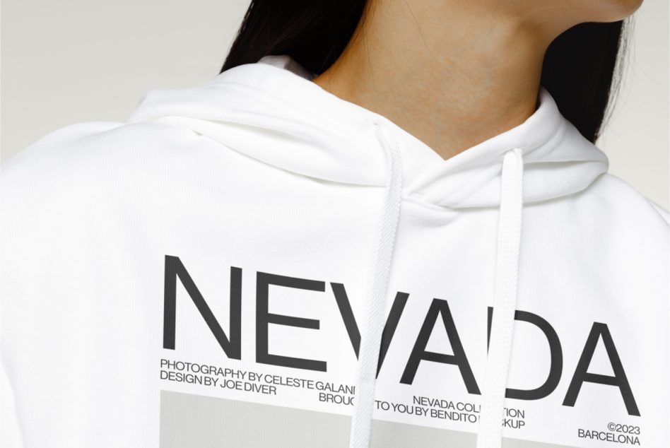 Close-up front of white hoodie, Nevada text across chest area