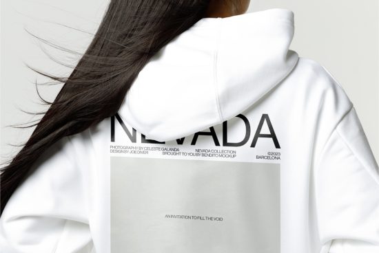 Woman wearing white hoodie with bold text design, perfect for fashion mockup graphics, designer apparel presentation.