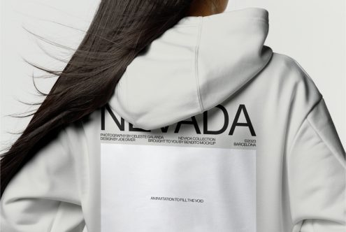 Close-up view of a white hoodie design mockup, text logo on back, high resolution, for fashion designers, ideal for digital asset marketplaces.