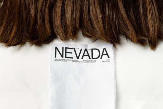 Close-up of a textile label with 'NEVADA' branding, ideal for mockup graphics, below dark brown hair on a white background.