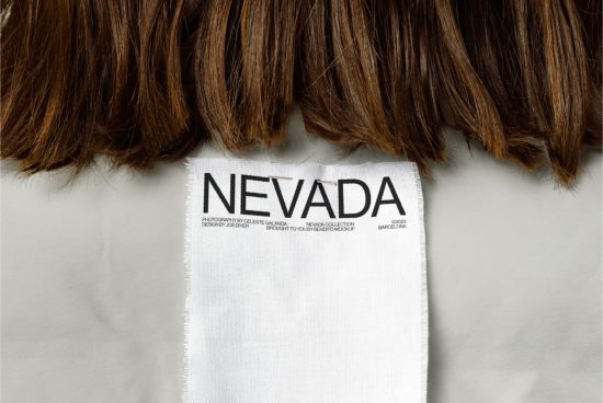 Clothing label mockup with NEVADA text, hair overlay, realistic texture, graphic design showcase, high resolution, perfect for designers.