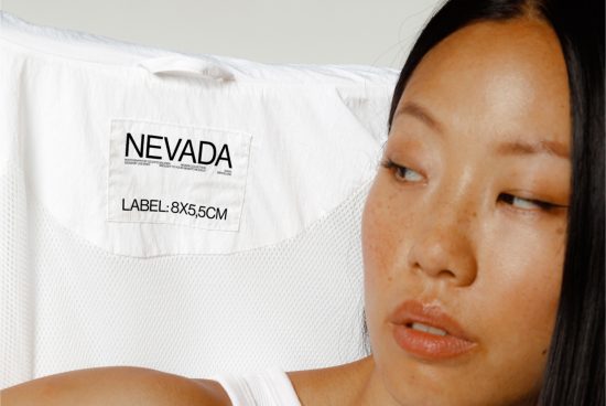 Close-up of a woman with clothing label mockup, showcasing design space for branding and logo presentation.