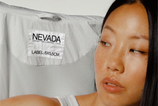 Close-up of a woman's face beside a shirt with a label mockup, featuring editable text for design presentation.