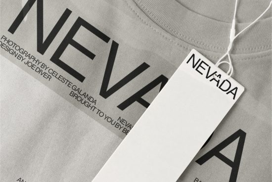 Close-up of a grey T-shirt mockup with a branded tag, showcasing bold typography design for fashion apparel presentations.