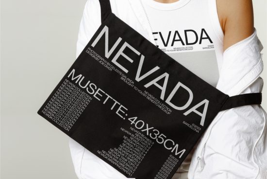Person showcasing a typographic tote bag design with bold NEVADA print, highlighting a trendy accessory mockup for fashion and design creatives.