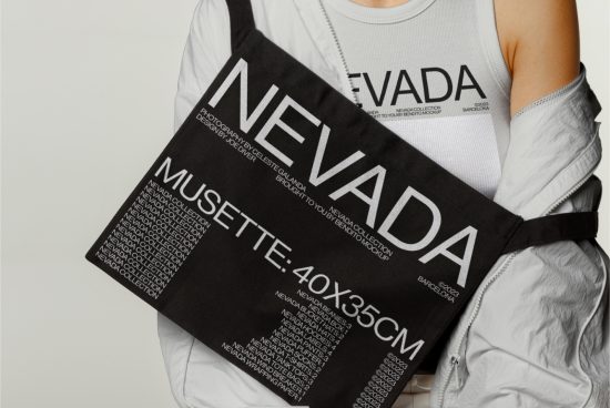 Stylish tote bag mockup in grayscale with visible texture, dynamic typography design, showcasing branding potential for fashion accessories.