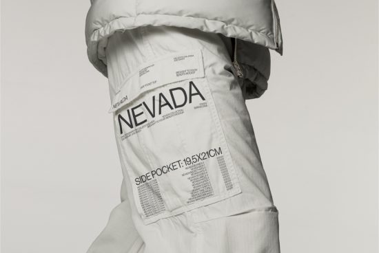 Close-up of a modern jacket with typographic design. Ideal for mockups, fashion design, and text overlay advertising.