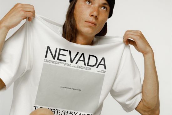 Person showcasing a white t-shirt design mockup for the NEVADA collection, ideal for fashion designers and clothing mockups.