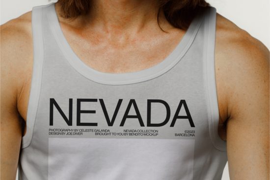 Close-up mockup of a gray tank top with NEVADA print, highlighting textile quality and print design, ideal for fashion mockups and branding.