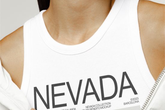 Close-up tank top mockup on a person for apparel design showcasing with bold font 'NEVADA' text, ideal for designers creating clothing graphics.