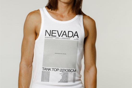 Woman wearing white tank top mockup for fashion design showcase, with text and logo space, ideal for graphic designers.