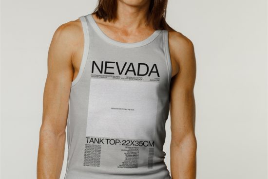 Woman wearing gray tank top mockup with text overlay, ideal for fashion designers showcasing apparel designs and typography.