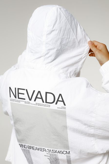 White windbreaker jacket mockup with Nevada print, back view for fashion design templates, apparel branding, and clothing mockups.