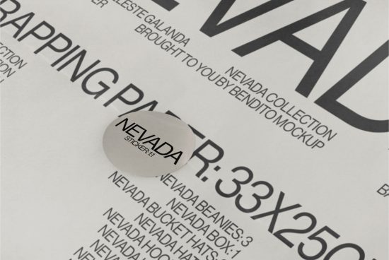 Close-up view of modern font design on paper with Nevada sticker, ideal for mockups and graphic design templates.