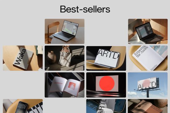 Collage of best-selling mockup images including laptops, tote bags, magazines, and billboards for design marketplace.