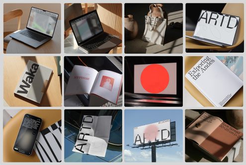 Collage of mockups including laptops, magazines, books, tote bags, and smartphones in various settings, ideal for showcasing design projects.