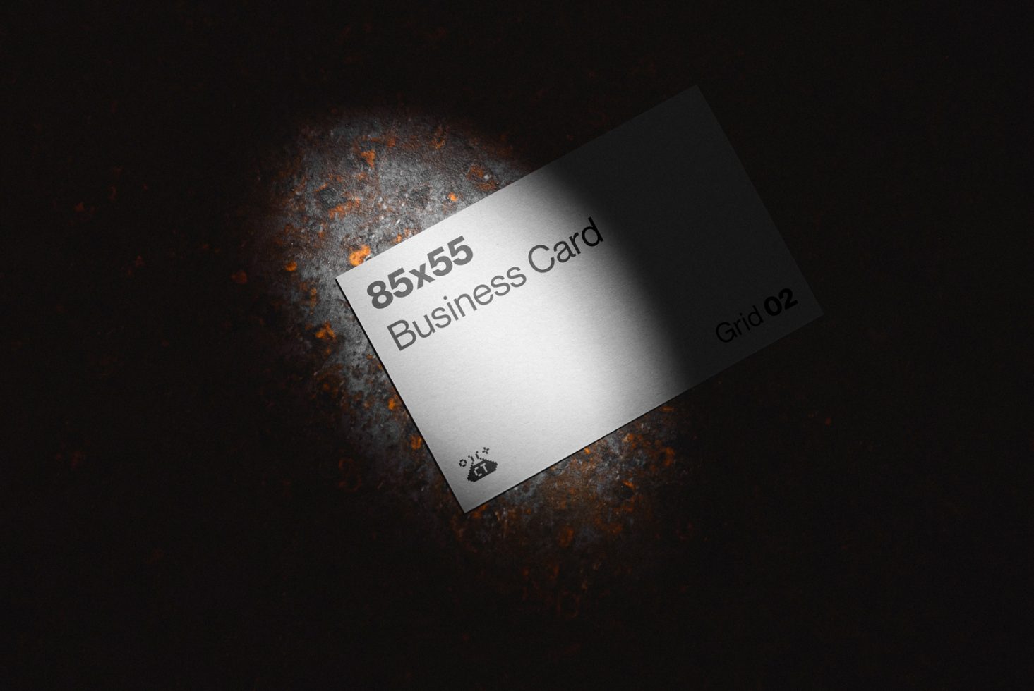 Realistic business card mockup on a dark textured background, showcasing design dimensions, ideal for branding templates.