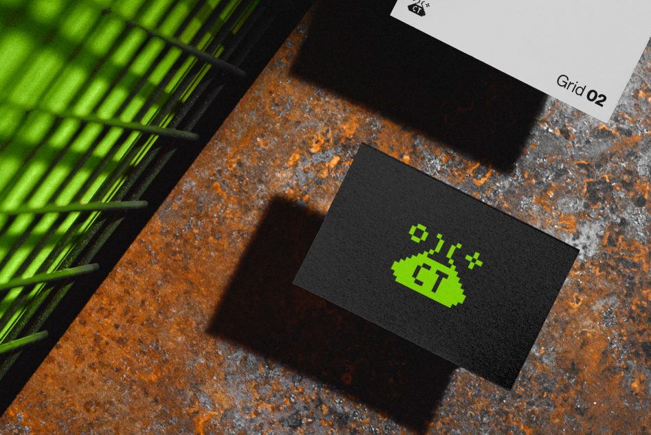 Business card mockup with pixel art design on textured surface, showcasing bold branding suitable for designer portfolio presentations.