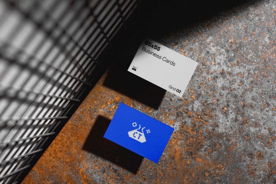Business card mockup with an industrial vibe, displaying blue and white cards on a textured rusty surface with shadows, for designer portfolios.