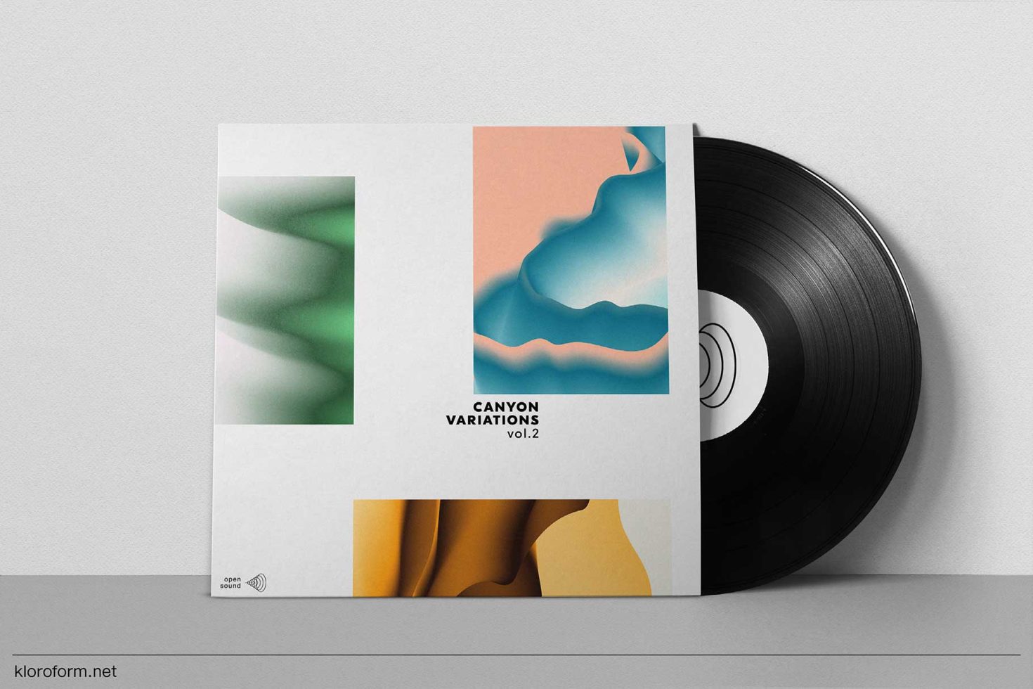 Vinyl record album cover mockup with abstract design, showcasing modern graphics and colorful layout for template presentation.