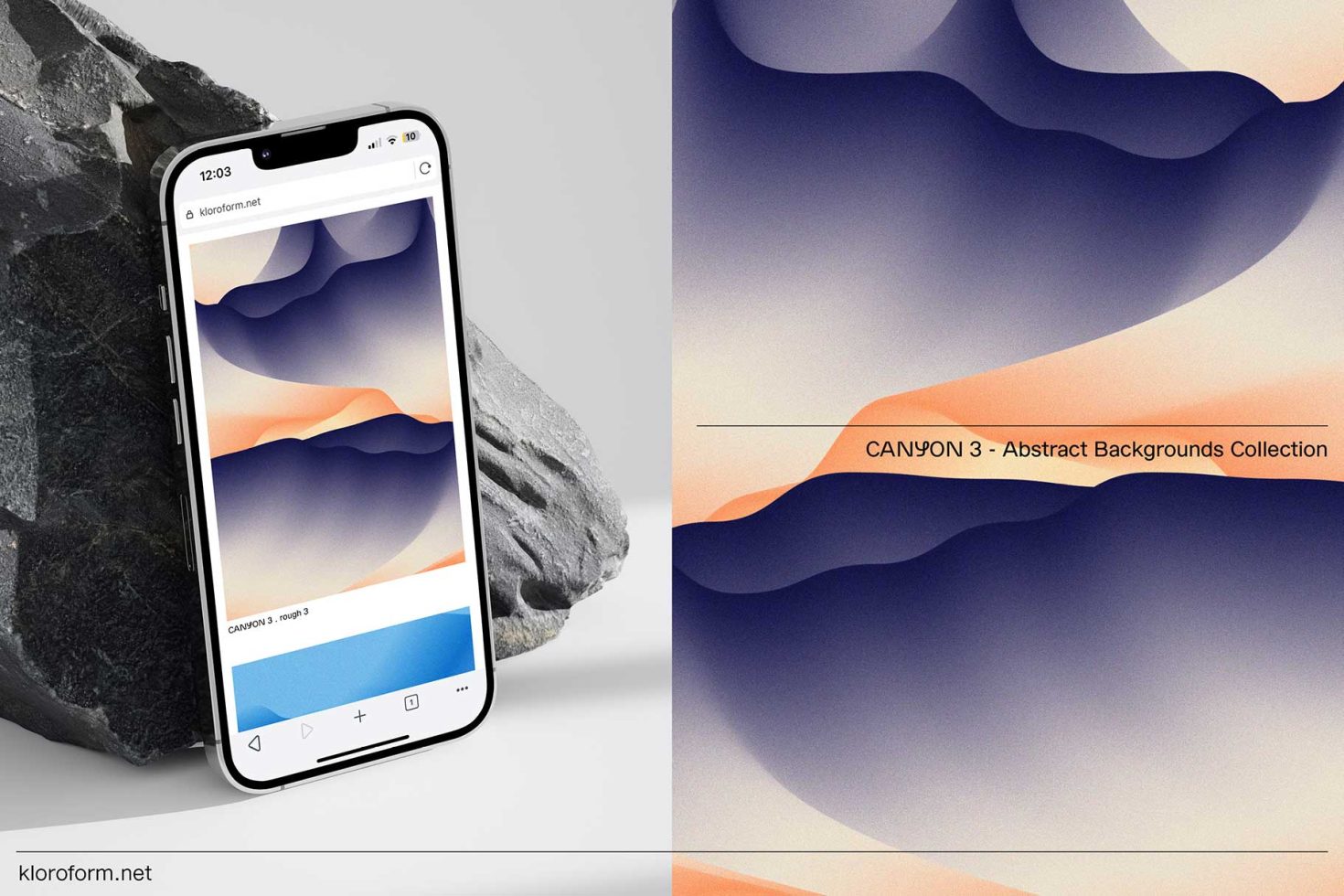 Smartphone showcasing abstract background design from CANYON 3 collection, positioned next to stone with smooth layer graphics visible.