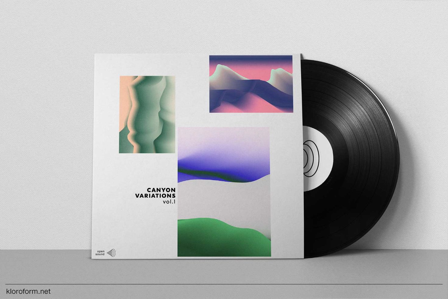 Vinyl record and album cover mockup with abstract gradient design on sleeve, showcasing modern artwork presentation for music or design portfolio.