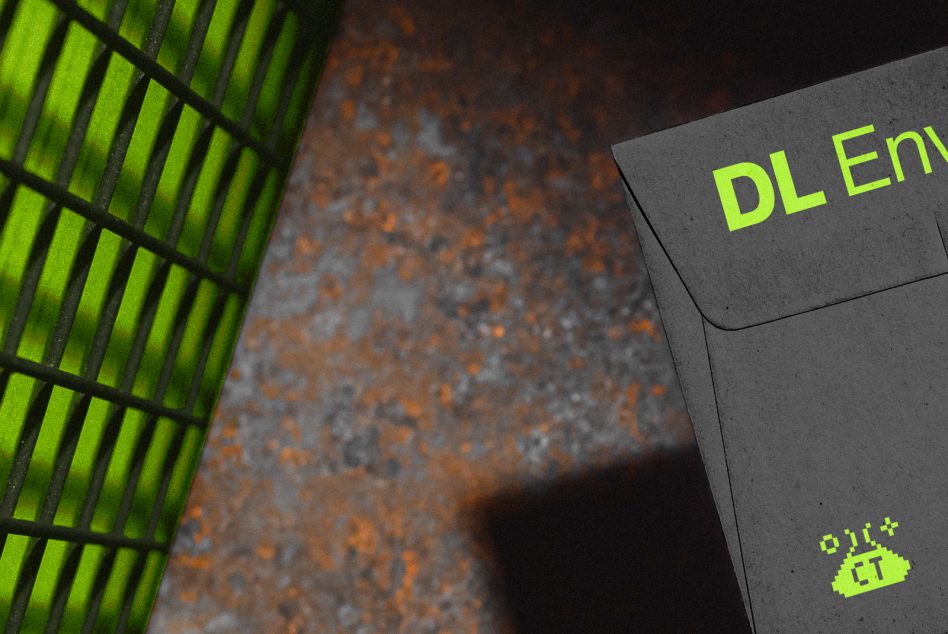 DL envelope mockup in charcoal with lime text detail against textured surface