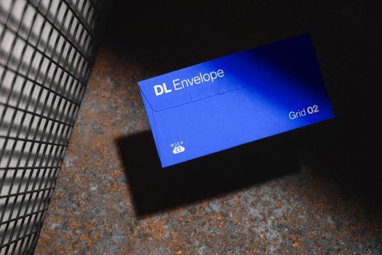 DL envelope mockup on a dark surface with dramatic lighting, showcasing branding design, suitable for graphic design templates.