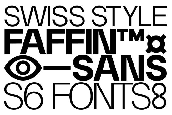 Bold modern Swiss style sans-serif font showcase with stylish black typography for graphic design and typesetting.