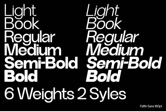 Modern Faffin Sans font family display with 6 weights and 2 styles, perfect for graphic design, website, print, in light to bold.