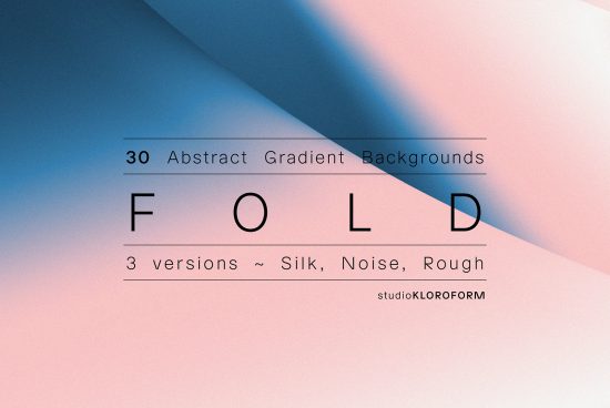 Abstract gradient backgrounds preview with folded paper effect in pink and blue by studioKLOROFORM for designers, includes silk, noise, and rough textures.